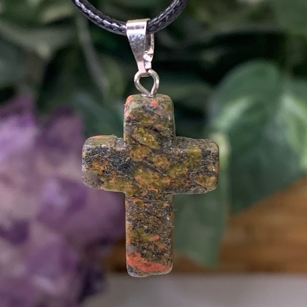 Unakite Stone Cross Pendant Necklace Crystal Healing Spirituality Unisex Jewelry